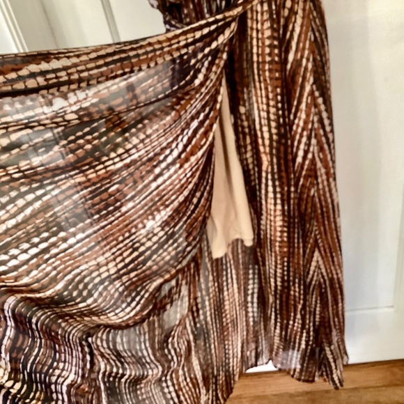 Lane Bryant Printed Faux Wrap Maxi Dress 22W Brown Ruffled Flutter Sheer V-neck - Picture 6 of 13
